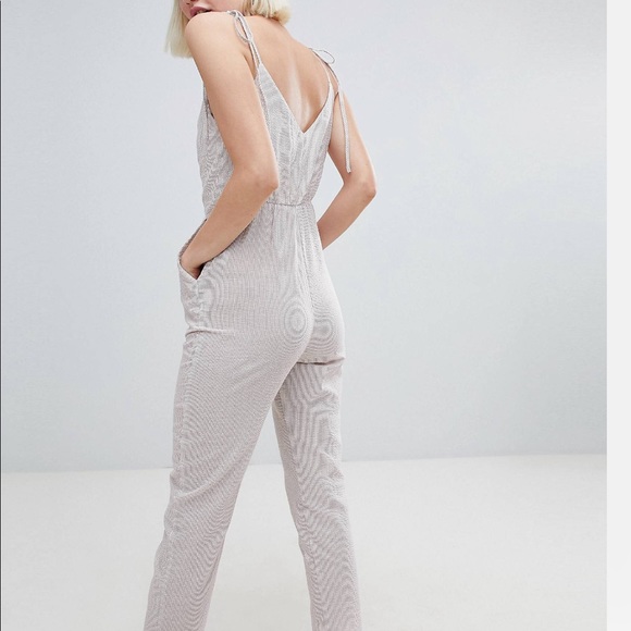 Button Front Tie Shoulder Pinstripe Jumpsuit - Picture 2 of 6